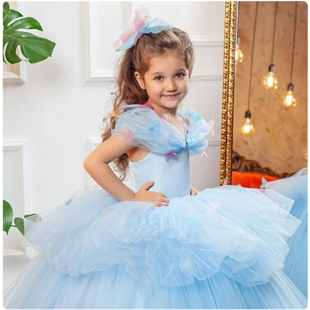 Vestido de princesa con flores para niña, bata de tul esponjosa para cumpleaños, desfile, comunión, fiesta de bebé, vestidos de dama de honor Junior