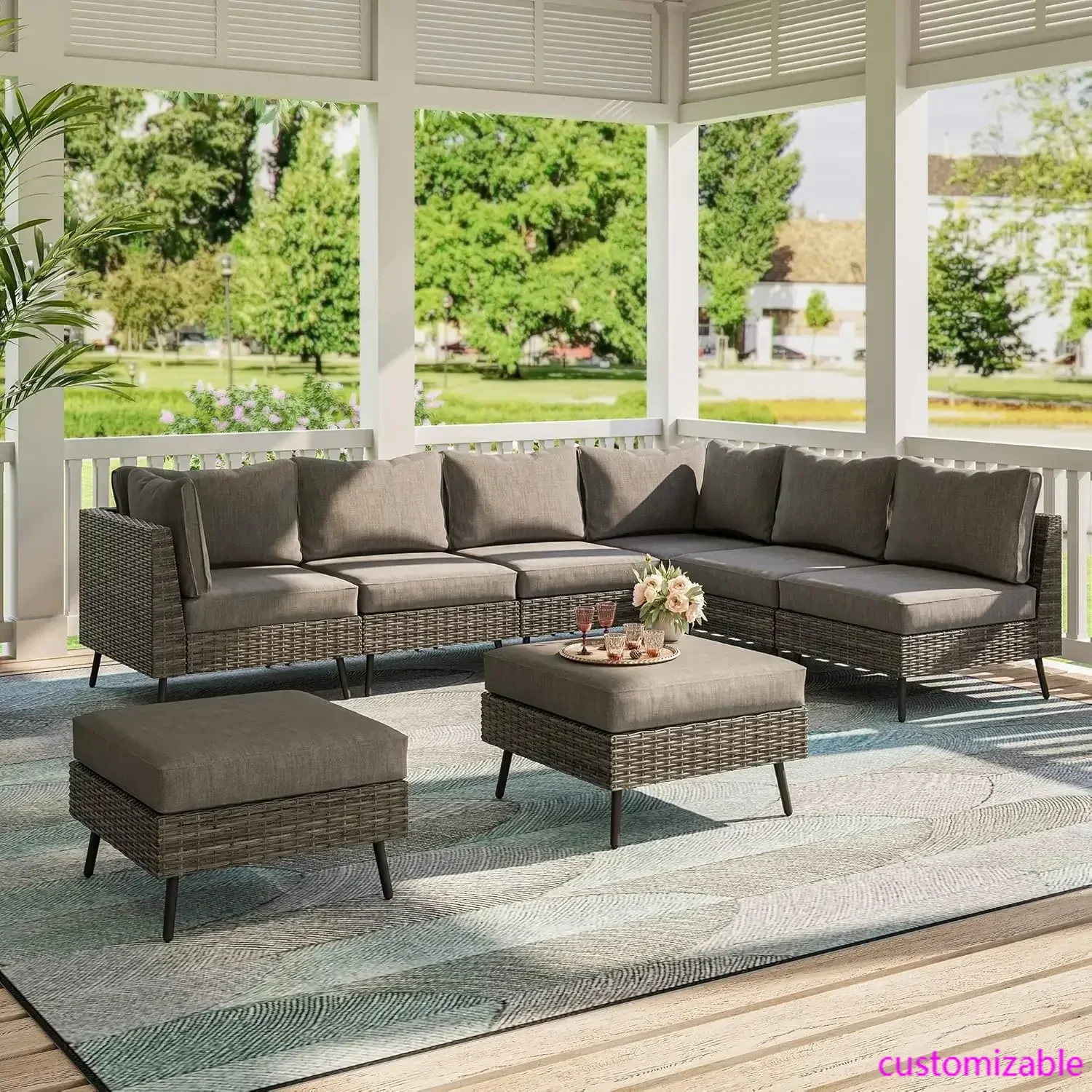 8-teiliges Sofagarnitur für den Außenbereich, PE-Rattan-Terrassen-Gesprächssets, wetterfestes Terrassenmöbel-Set, Pool, Hinterhof (grau)
