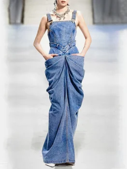 Modische Schnalle, ärmellos, gerüschtes Design, Denim-Maxikleid, Vintage, elegant, figurbetont, Party, lässig, gerades Kleid für den Sommer 2024