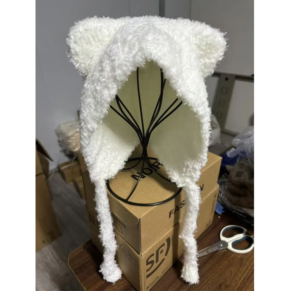 Fashion Cute Lambhair Bear Ear Hat Warm Thick Plush Knitted Bear Hat Ear Protection Tie Pullover Y2K Beanies Caps Girls