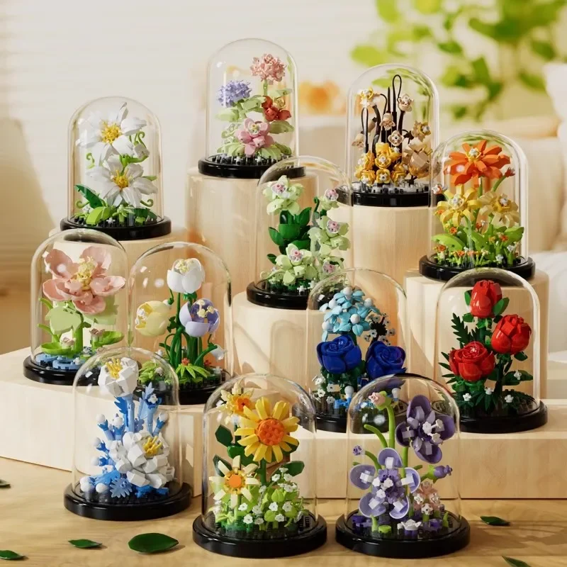 Flower Bouquet Bonsai Building Blocks Artificial Plastic Plant Dust Cover Micro Model Home Decoration Toy for Kid Birthday Gift 