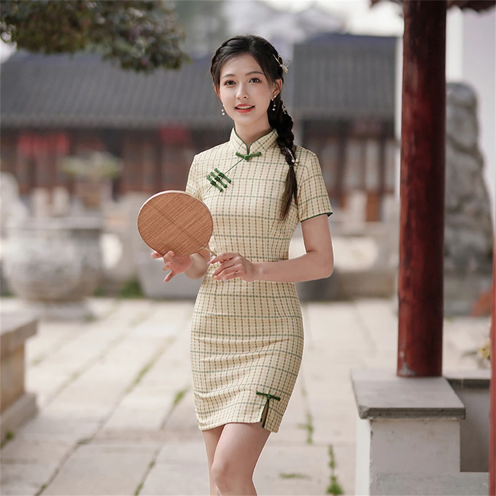 

2024 Spring Summer Improved Cheongsam Daily Women's Plaid Short Qipao Young Girl Elegant Temperament Chinese Traditional Dress