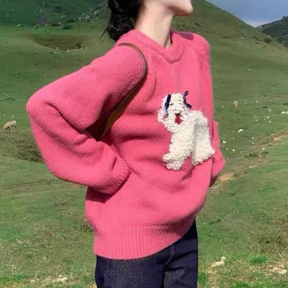 

Cute bow flocking puppy jacquard pullover women's 2025 autumn and winter loose soft waxy top knitted sweater