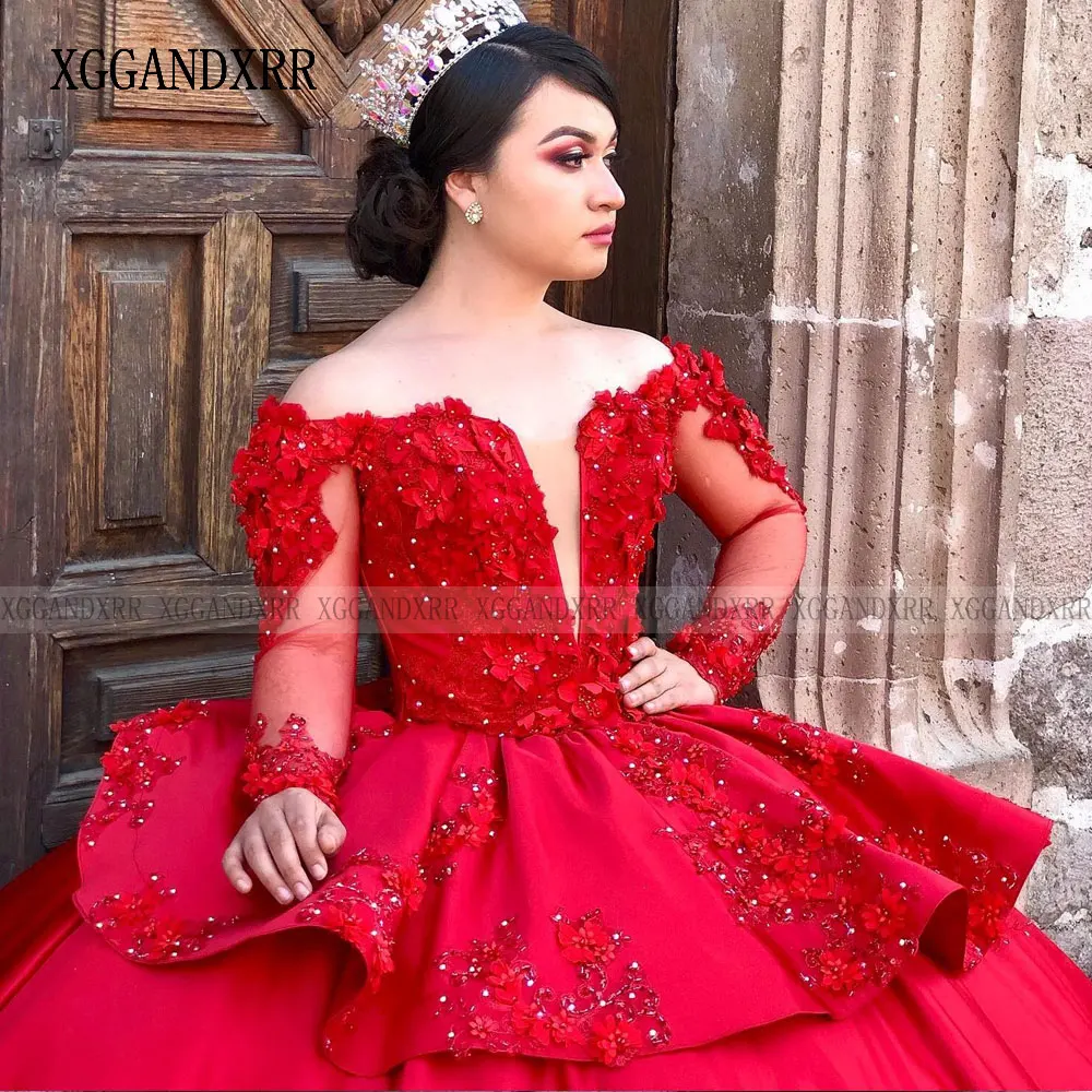 فستان أحمر Quinceanera الأميرة مع زينة ، فستان الحفلات ، بأكمام طويلة ، حلو 16 ثوب ، حفلة عيد ميلاد ، 15 سنة ، فستان فاخر ، 2024