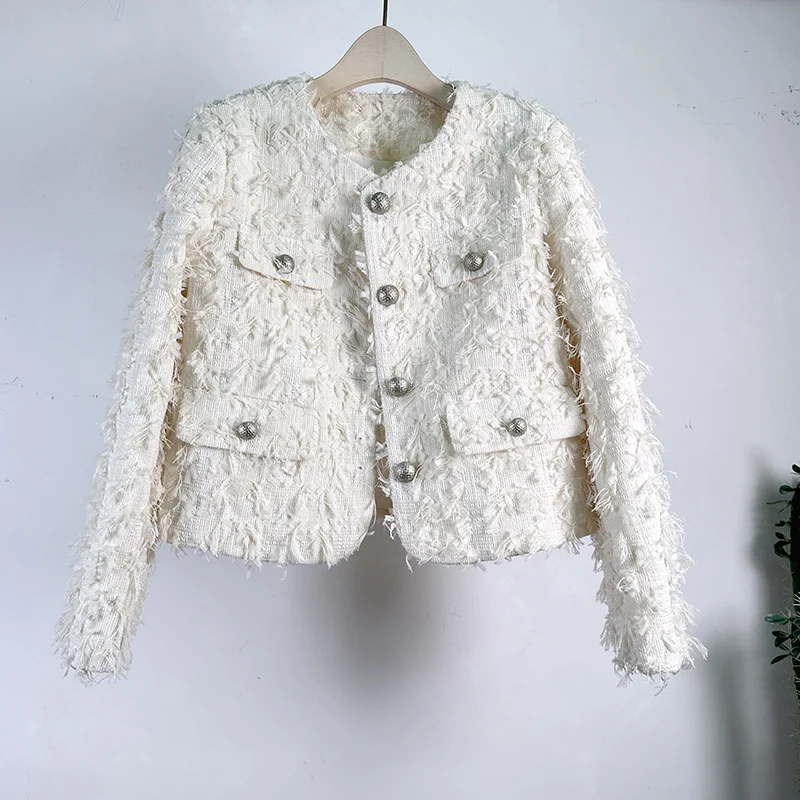 

Small Fragrance Short Coat Women's Spring High Quality O Neck Tassel Casual Fashion Korea Chic French White Tweed Lasy Jacket