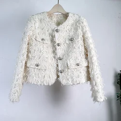 Abrigo corto con fragancia pequeña para mujer, chaqueta Lasy de Tweed blanco francés de alta calidad con cuello redondo y borlas, moda informal coreana