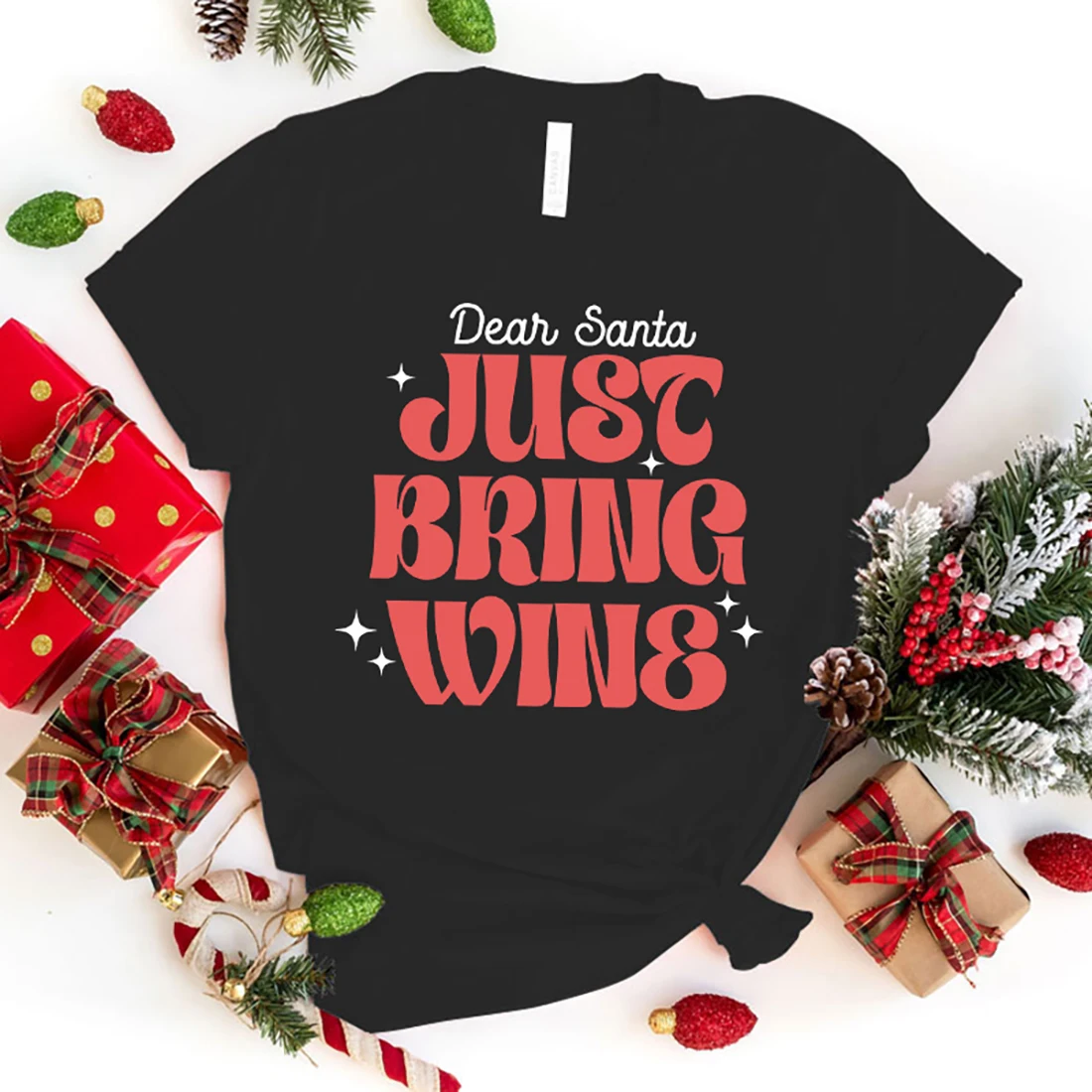 New Christmas Dear Santa Just Bring Wine Print T Shirt Women Men Short Sleeve Tops Tees Fashion Loose Casual T-Shirt