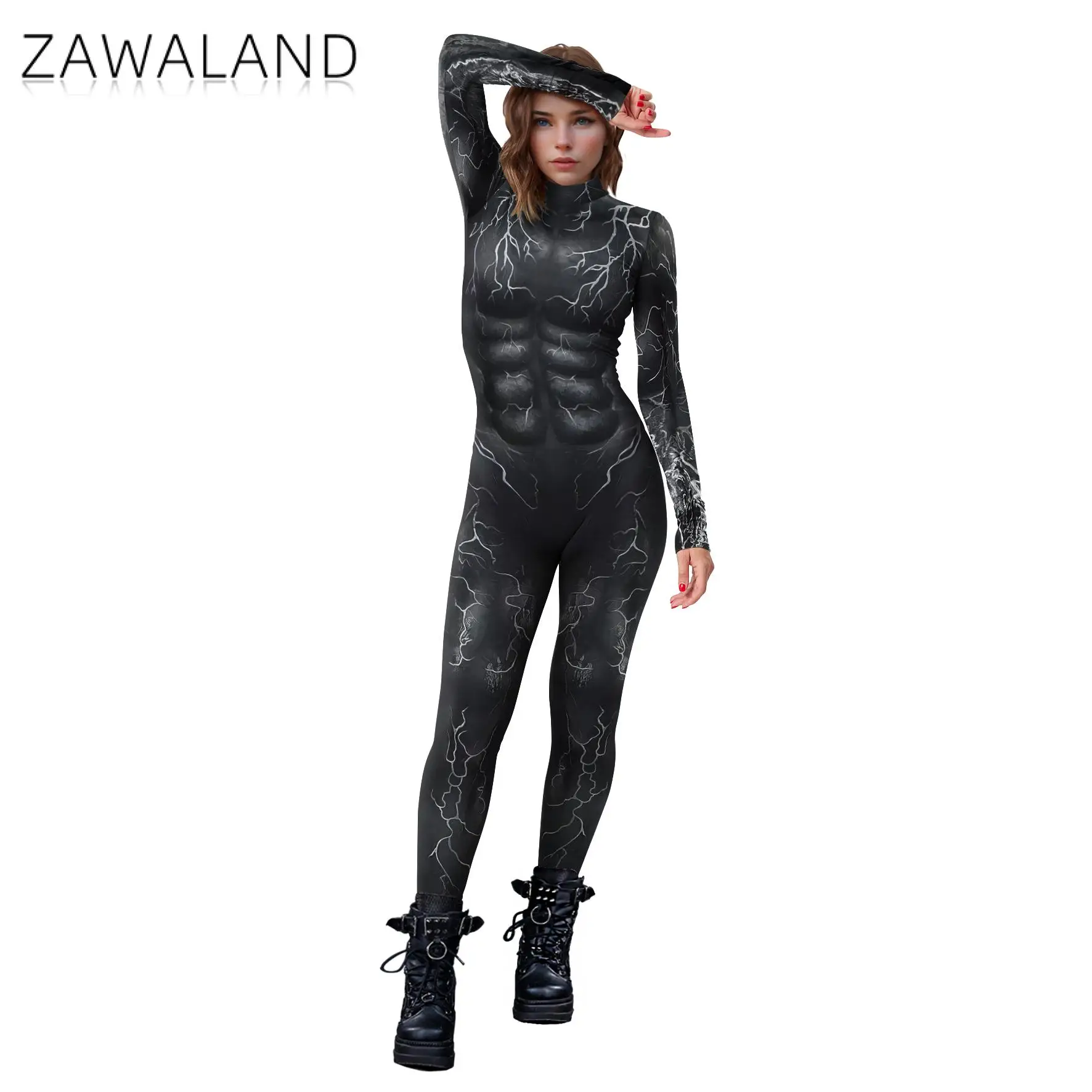 Zawaland kombinezon dla dorosłych superbohater czarny kostium duch kostium Onesie drukowanie 3D przebranie na karnawał impreza z okazji Halloween Zentai body