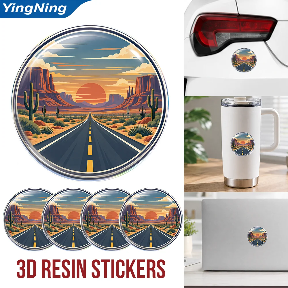 Desert Highway Sunset Scenic Road 3D Epoxy Resin Round Stickers Waterproof Decorative Decals for Car Laptop Water Bottle Tumbler