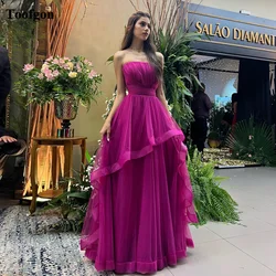 Toofgon A Line Tulle Fuchsia Prom Dresses Strapless Ruffles Women Evening Party Gowns Customized Pleat Formal Bridesmaid Wear