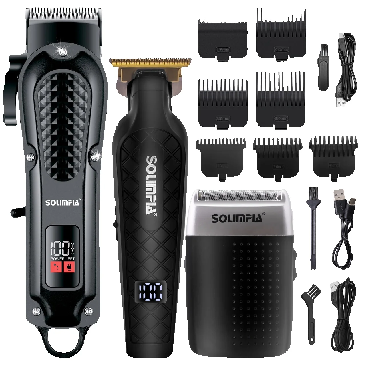 3-teiliges Herren-Pflegeset, Schwarzer Kabelloser Haarschneider + T-Klingen-Trimmer + Folienrasierer, USB-Aufladbares Professionelles Friseur-Haarschneideset mit LCD-Display