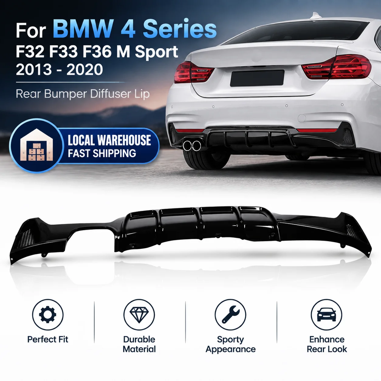 Heckdiffusor für BMW 4er Serie F32 F33 F36 M Sport Version, Hochglanz Schwarz, Facelift-Diffusor-Karosserie-Kit für Modelle 2013-2020