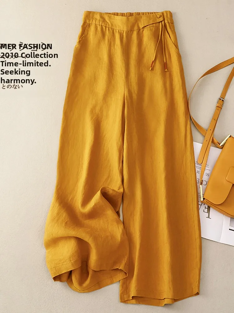 Cintura alta calças de perna larga algodão linho casual nove pontos fino sle feminino premium faion calças commute sle vintage