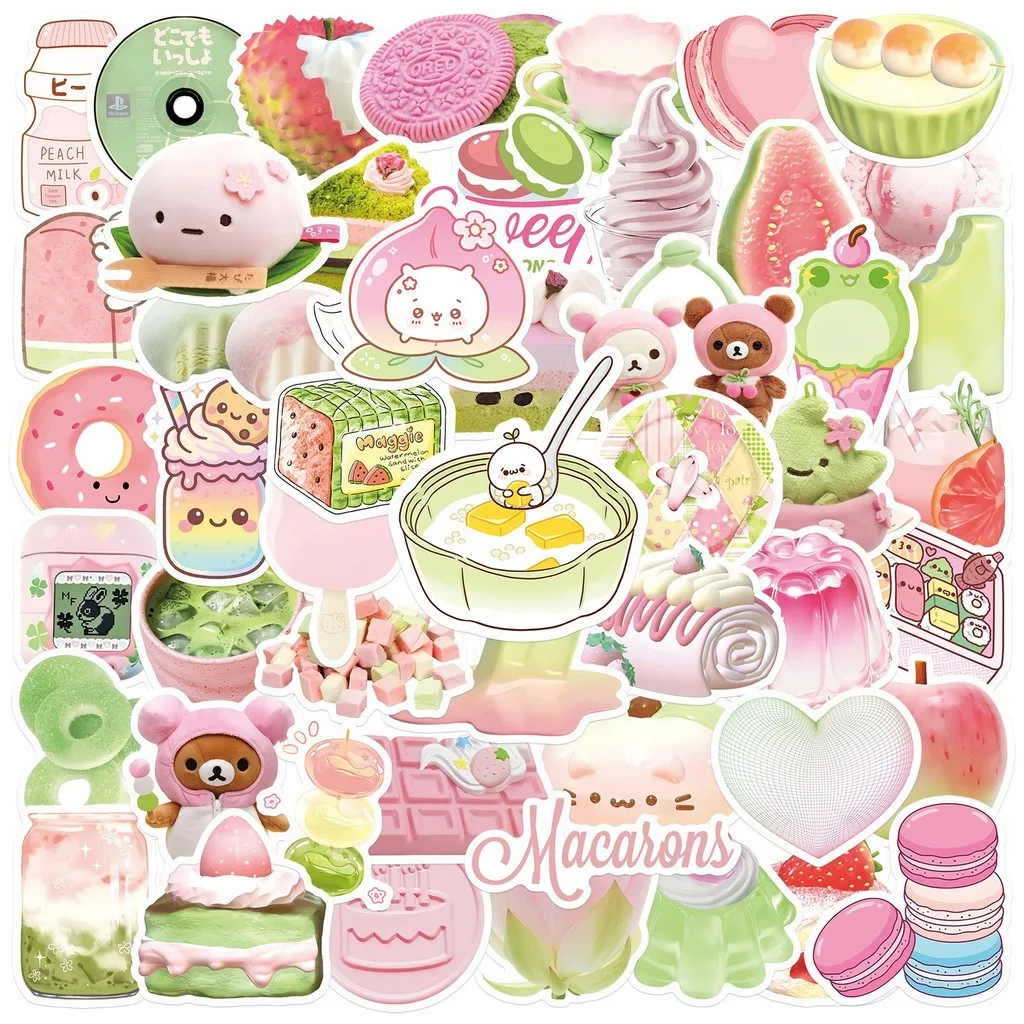 50 Stück Macaron-Kuchenaufkleber – Cartoon-Lebensmittel-Dessert-Graffiti, wasserfeste Dekoration, perfekt für Telefon, Notebook und Skateboard