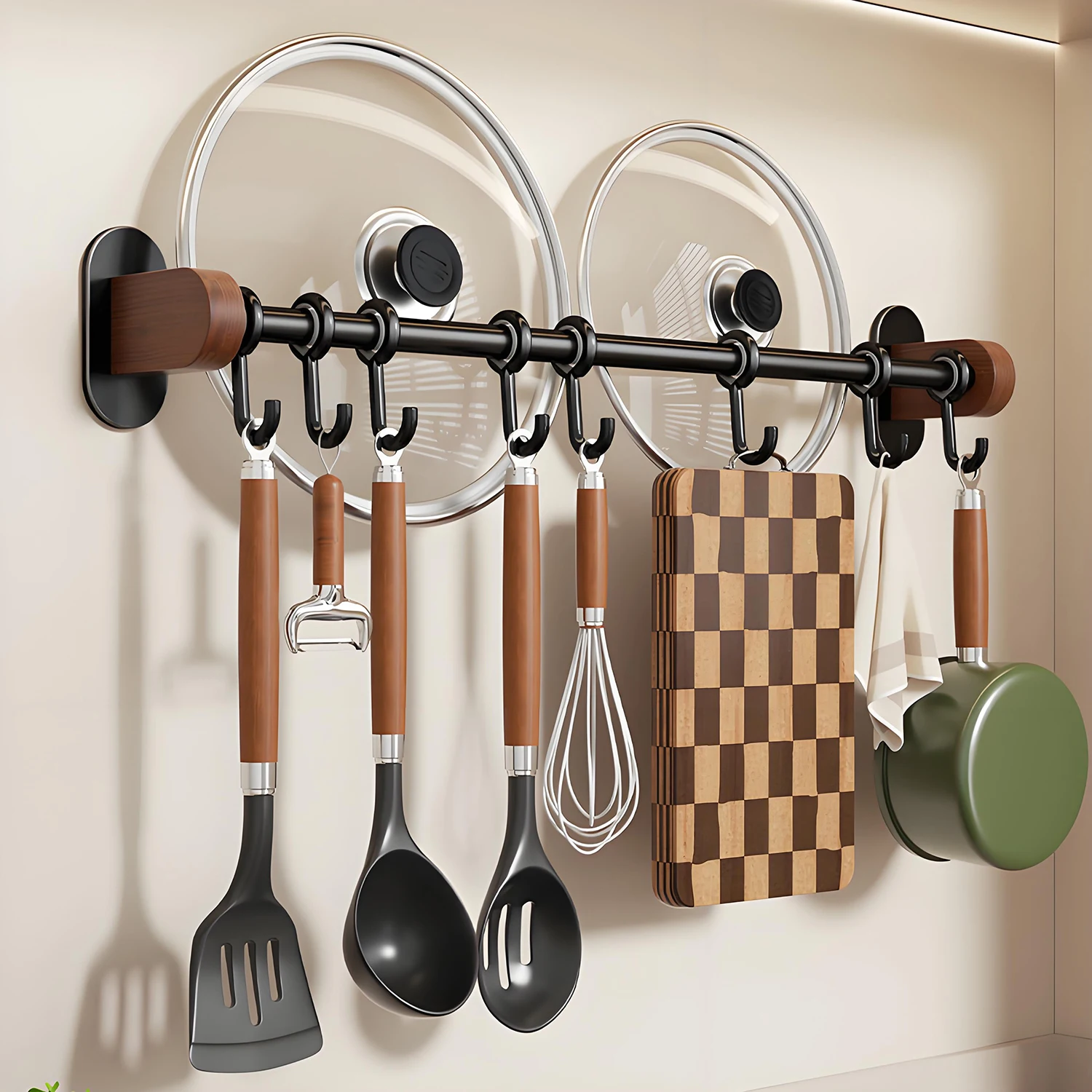 

Kitchen Utensil Holder with Hooks, Pots and Pans Organizer Hanging Rack Wall Mounted for Spatula Spoon, Measuring Cups,Coffee Mu