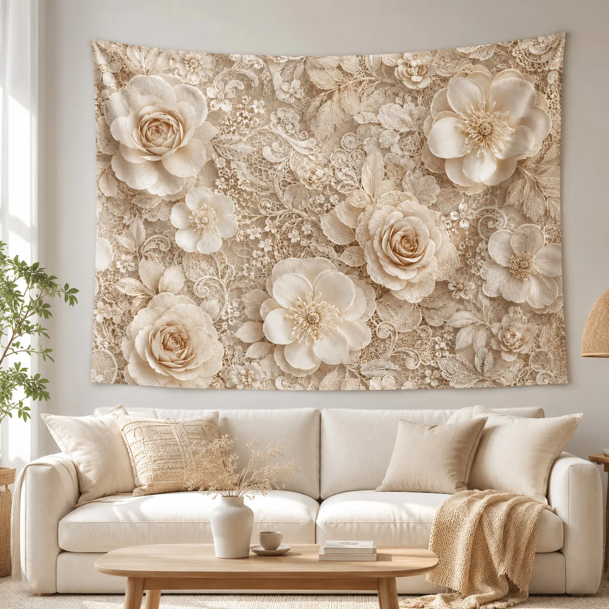 Creamy White Rose Tapestry 3D Effect Flowers Wall Cloth Aesthetics Room Decor Minimalist Art Hanging Blanket for Home Decoration