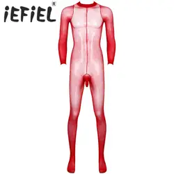 Men Erotic Sexy Tights Lingerie Full Body Stocking See Through Sheer Long Sleeves Open Penis Sheath Design Closed Toes Pantyhose