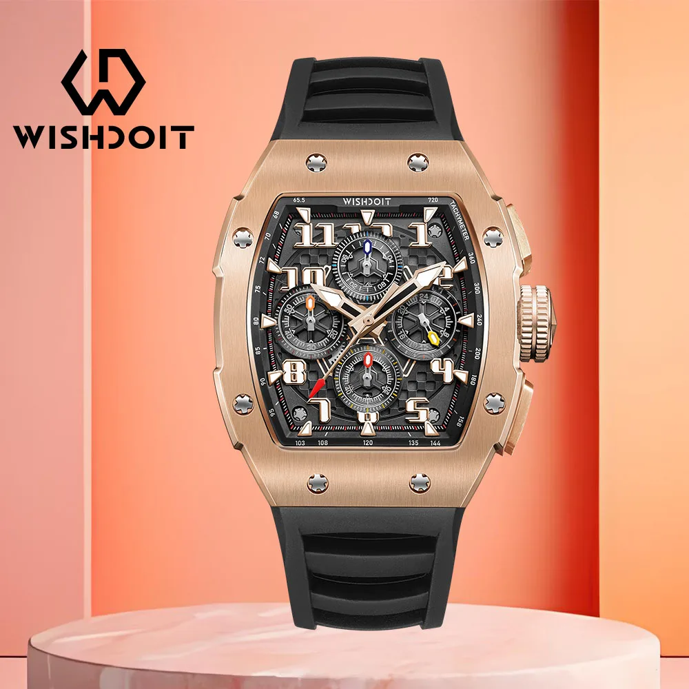 WISHDOIT NEW GT 2 Watch Mens Luxury Chronograph Tonneau Calendar Date Luminous Waterproof FKM Rubber Strap Replica Wristwatch