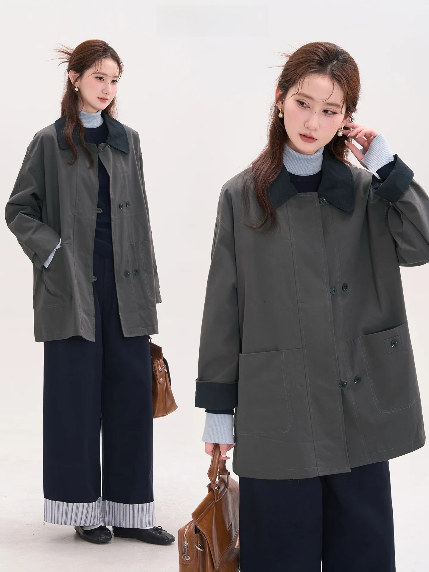 

Loose Color Blo Coat Collar Windbreaker Korean Sle Design Casual Aosphere Island Sunset Sle Women's Long Sve Cotto...