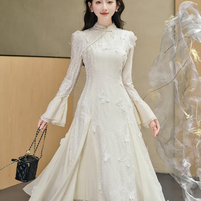 Elegante Vestido Qipao Bordado Estilo Chino, Estilo Juvenil, Costura 3D, para Boda, Compromiso, Ceremonia, Cintura Alta, Manga Larga