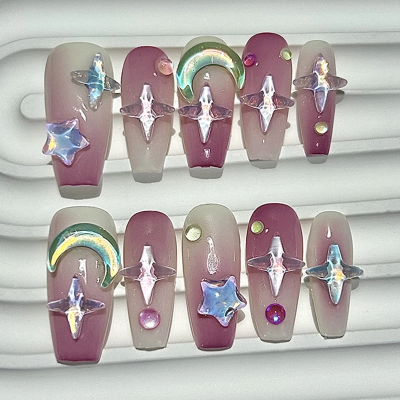 10 częściowe słodkie I urocze naciśnij na paznokcie ręcznie robione różowe gradientowe różowe marzenie gwiazdy księżyc fałszywe naszywki na paznokcie zdejmowane