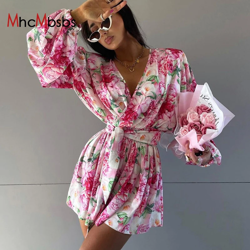 

Sexy Lantern Long Sleeve Floral Print Mini Dress Women Fashion V Neck Lace Up High Waist Pleated Sundress Elegant Party Vestido