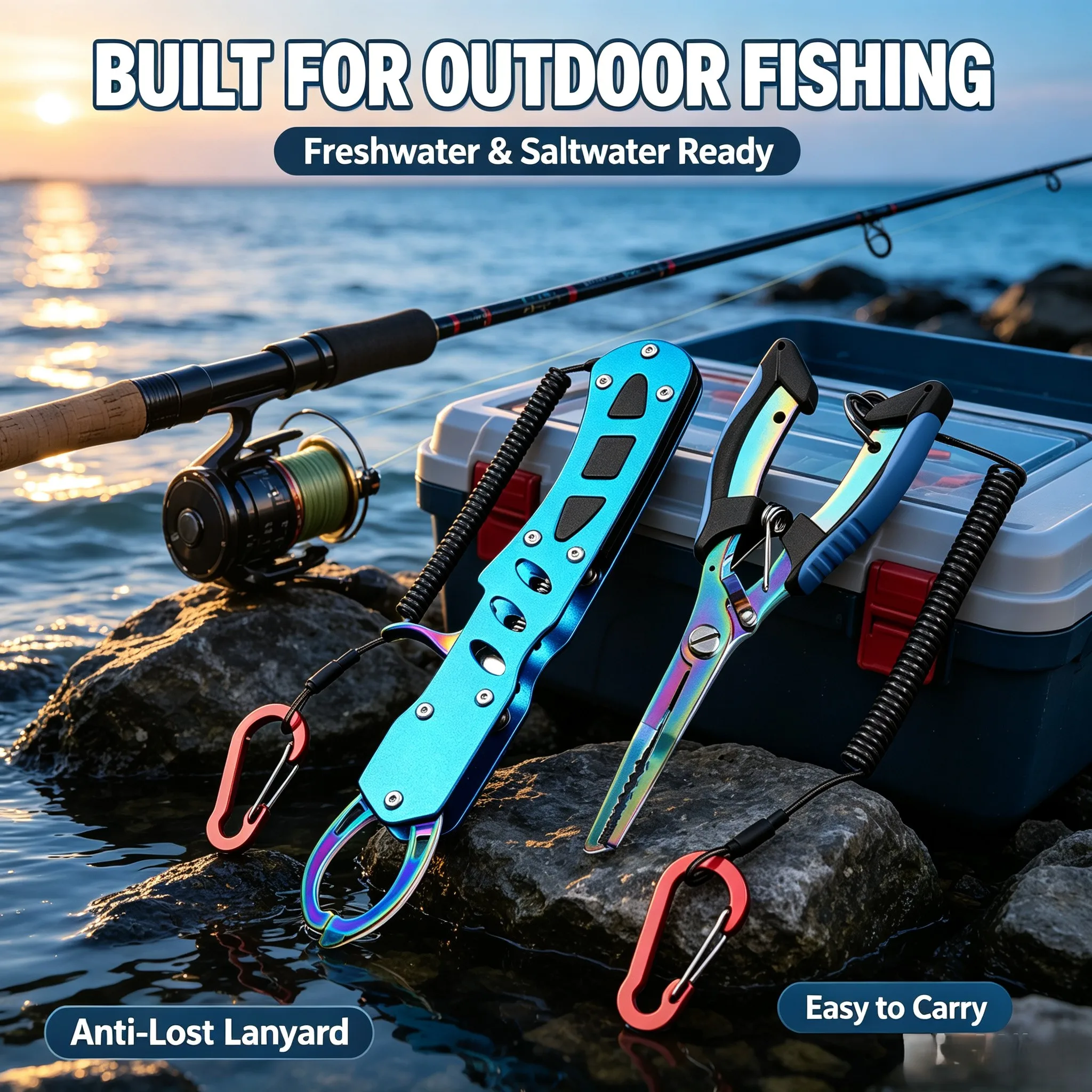 Fish Gripper & Fishing Pliers Combo Set Anti‑Rust Fishing Tool Kit with Lanyard Storage Bag