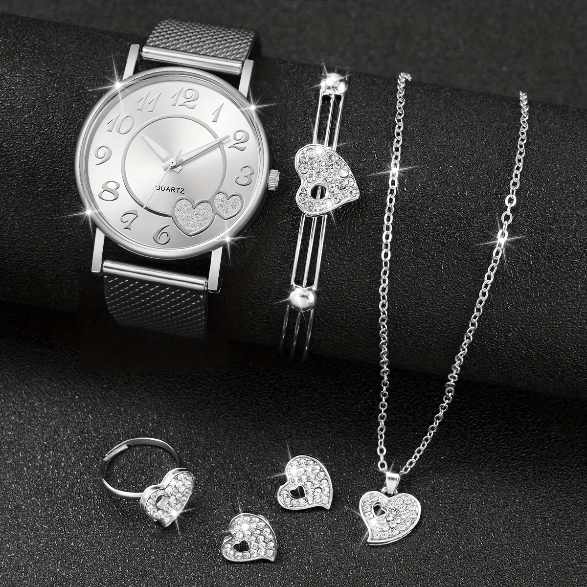 6PCS Elegant Silver Heart-shaped Dial Watch For Women Simple Temperament For Students High-end Women Luxury Watches For Women