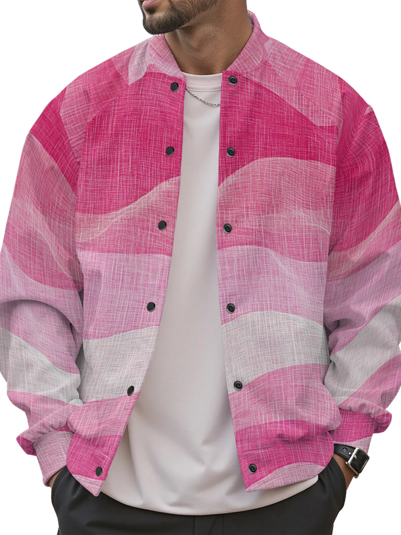 Pink Gradient Wave Striped Print Baseball Jackets Coats Buttons Korean Street Fall Layering Piece Casual Chic Outerwear Trends