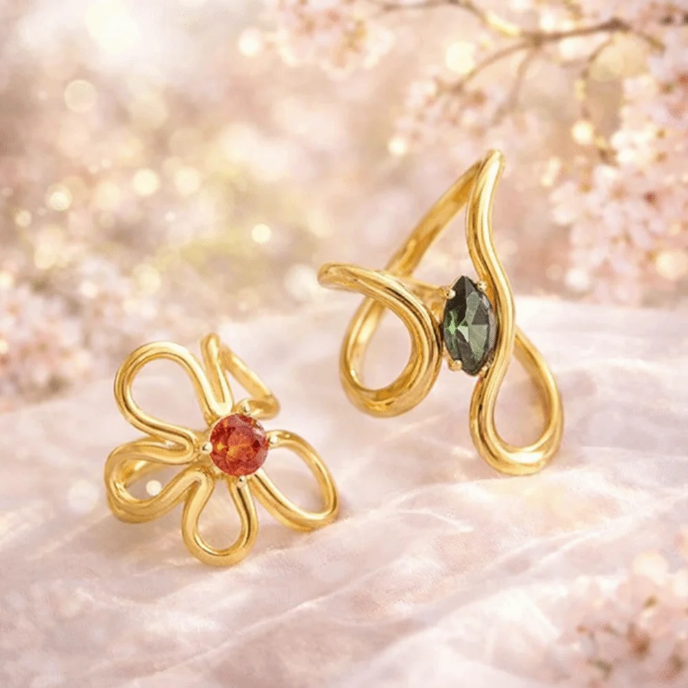 Wave Design Irregular Stainless Steel Rings Double-layer Colored Gemstones Flower Pattern 18K Gold Plated Rings Red Zircon