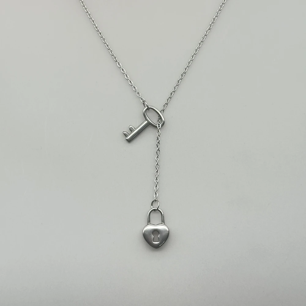 Key to My Heart Lock and Key Lariat Necklace Stainless Steel Dainty Love Padlock Key Y Necklace Valentine Necklace Gift for Her