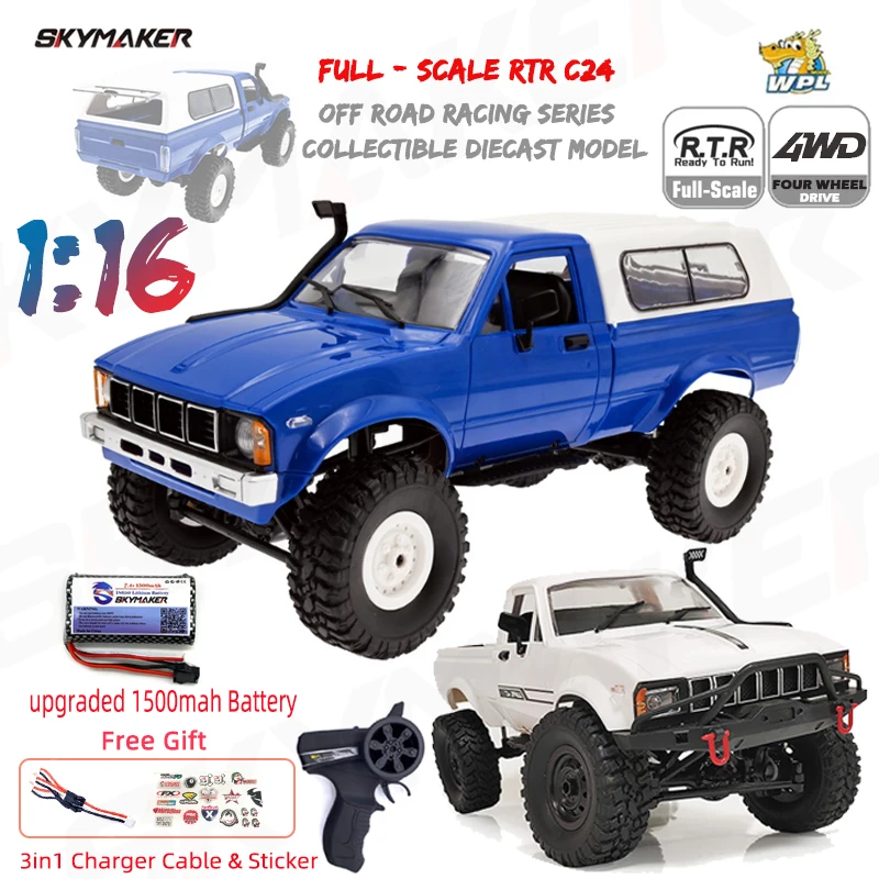 

WPL C24-1 Full Scale RC Car 1:16 2.4G 4WD Rock Crawler Electric Buggy Climbing Truck LED Light On-road 1/16 For Kids Gifts Toys