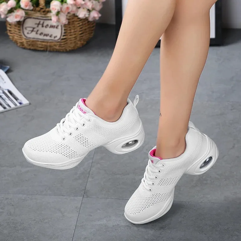 Women Mesh Dance Shoes Air Cushion Wedge Non Slip Lace Up Square Dance Aerobic Fitness Walking Sneakers