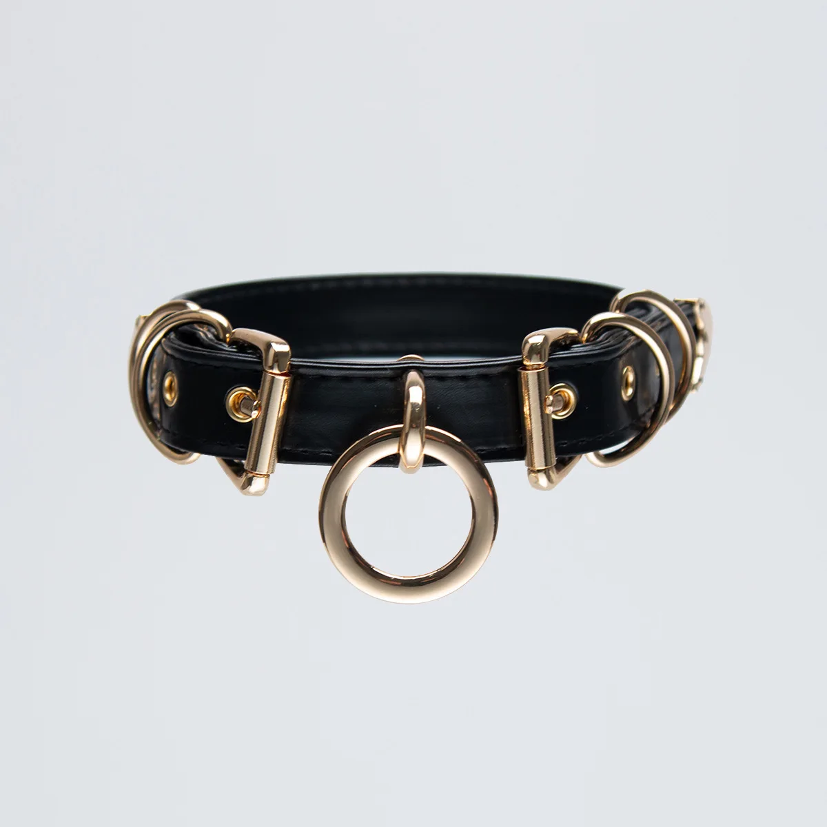 Adult Games Black PU Leather Choker Collar with Gold O-Ring & Rings, Adjustable Minimalist Bondage Collar for Couples Sex Toy