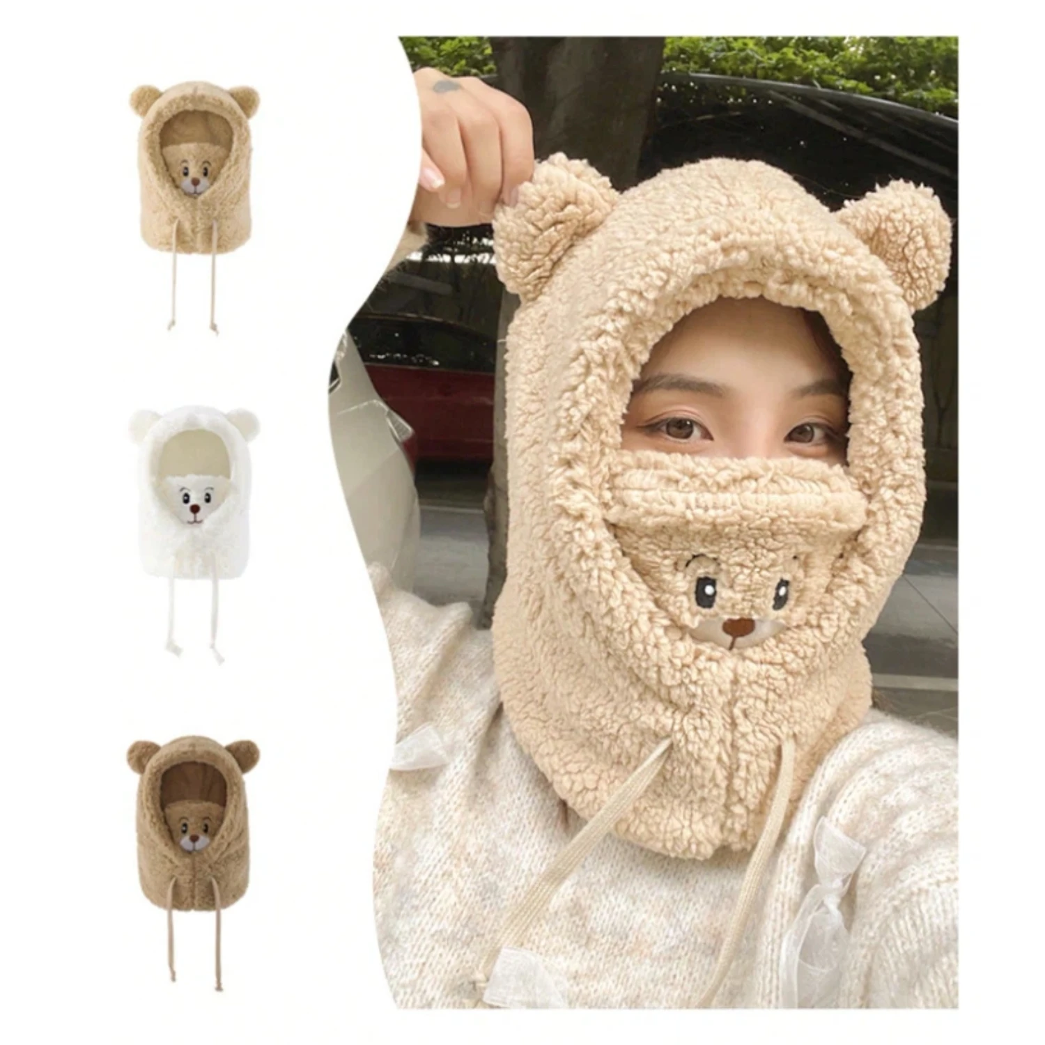 1-teilige Damen-Schal-Mütze mit niedlichem Bären-Design, Kombination aus warmer Plüschkapuze und Maske, geeignet für Herbst und Winter