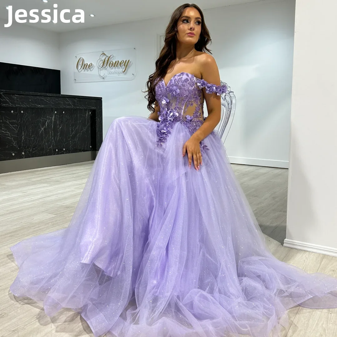 Jessica Purple Glitter Tulle Prom Dresses 3D Decal Fairy Wedding Dress A-line Corset Wedding Party Dresses 2024Vestidos De Noche