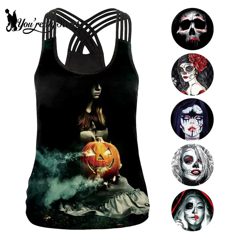 [You\'re My Secret] Halloween Terror 3D Print Women Tank Tops Sexy Cross Vest Sleeveless Streetwear Female Casual Tee Clothes