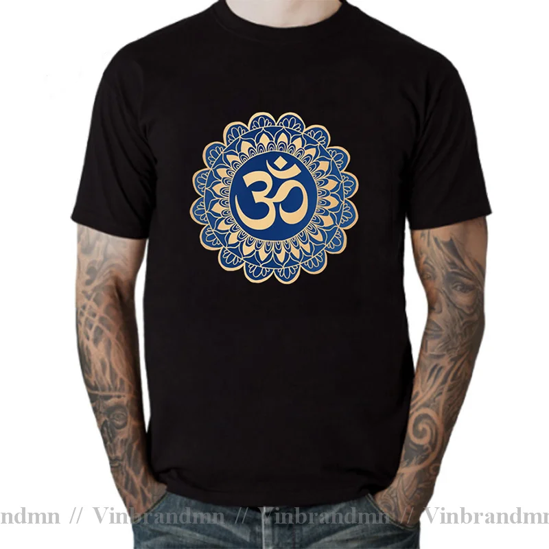 Indian Blue and Gold Om Mandala Pattern T Shirt Mens Namaste Logo T-shirt Women Men Wholesale Custom Normal Tops & Tees