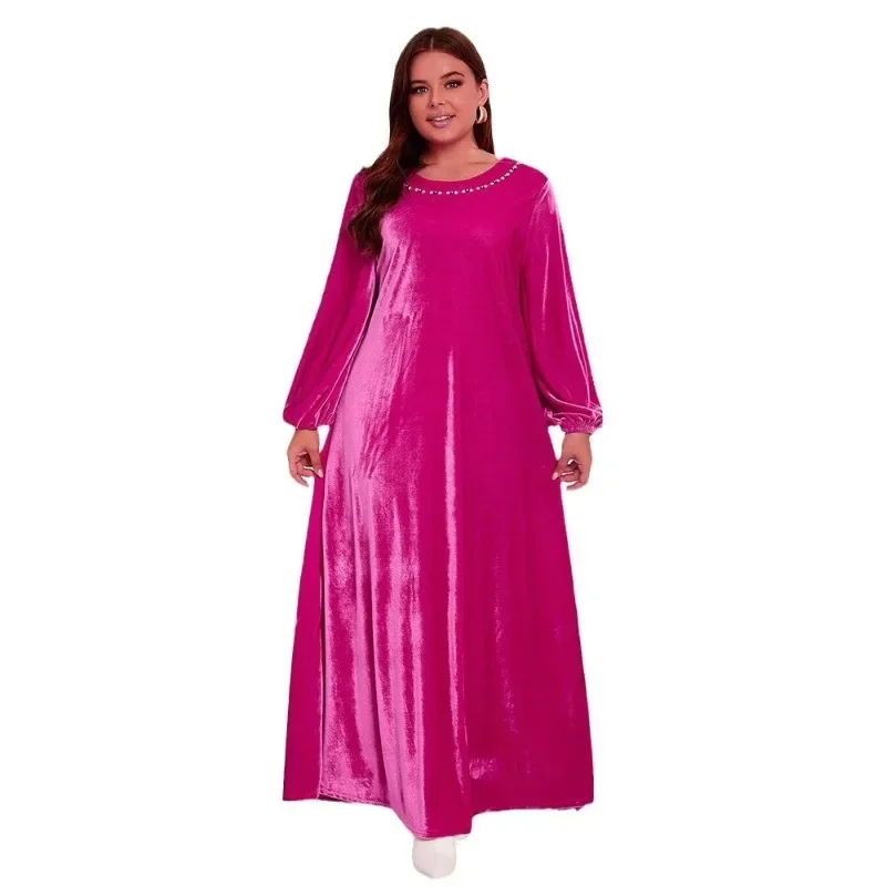 Vestido muçulmano de manga comprida com o pescoço para mulheres, elegante Abaya, vestidos de casamento africanos, moda, plus size, outono, 2023