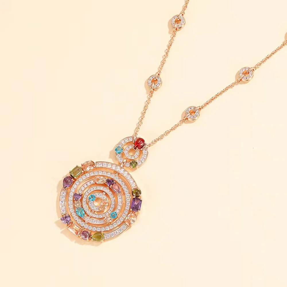 Luxury Fashion Fortune Round Necklace Women\'s Inlaid Colored Stone Noble Party Brand Jewelry Hot Selling Exquisite Fairy 2022New