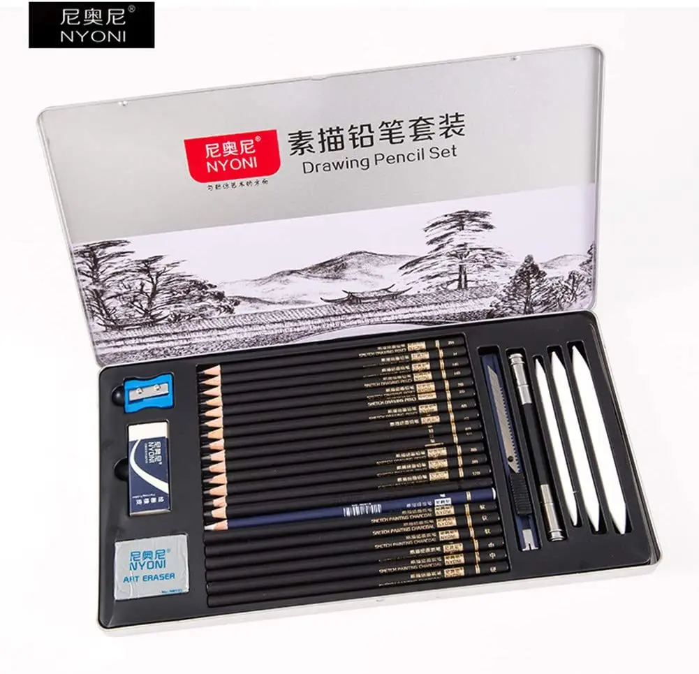 

Sketching Pencils Set, Metal Box Packaging, Including Graphite Pencils、Charcoal Pencils、Blending Stumps and other tools for draw