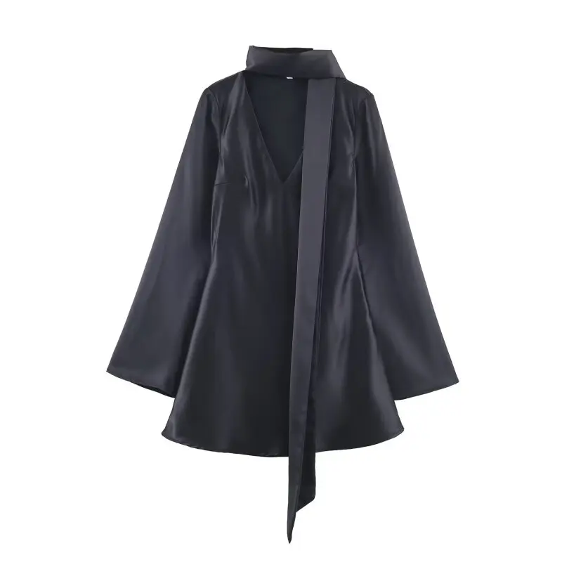 브이넥 실크 새틴 텍스처 드레스 여성 긴 소매 패셔너블 스트리트웨어 가을 솔리드 우아한 여성 의류 드레스 스카프 매치