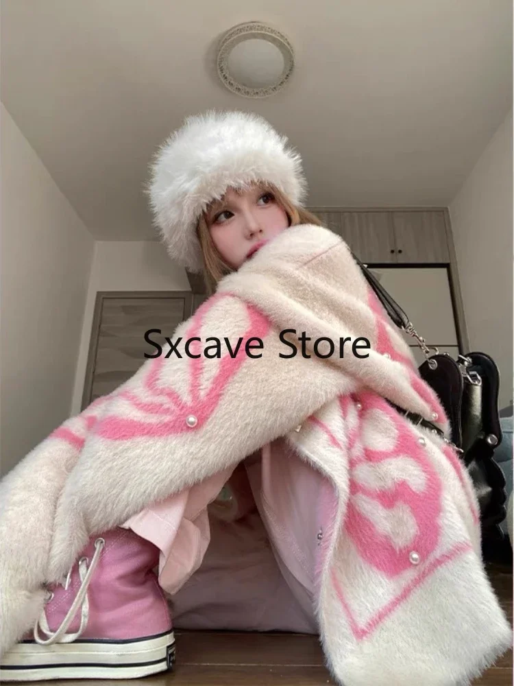 2023 Autumn Pink Knitted Cardigan Women Casual Long Sleeve Vintage Sweater Coat Office Lady Korean Style Fashion Clothing Chic