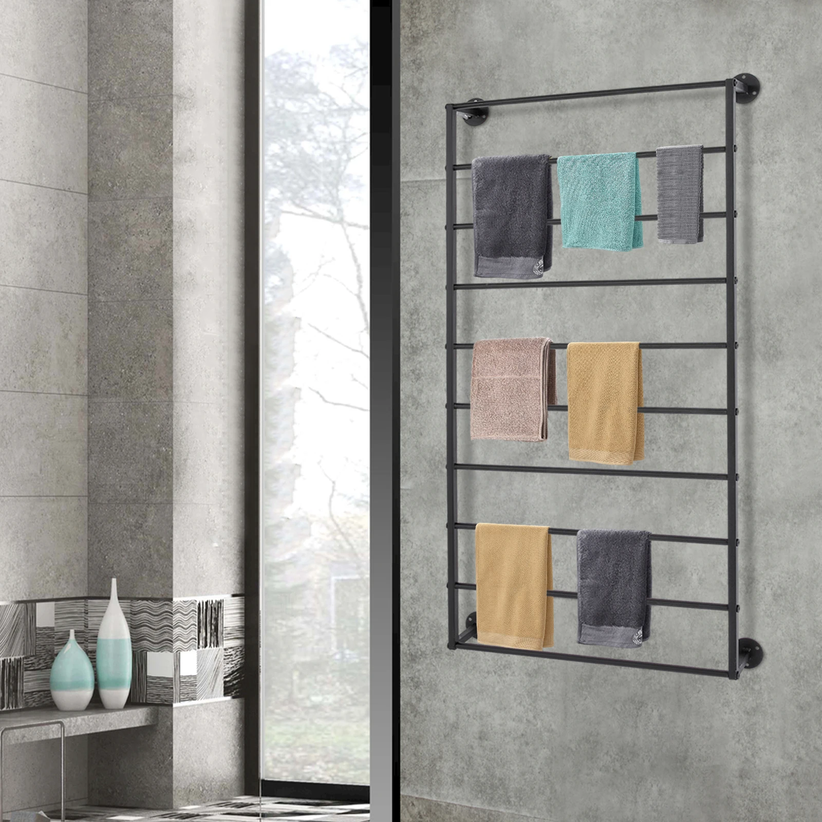 

10-уровневая настенная полка для шарфов, черная прямоугольная настенная витрина, стеллаж для хранения домашних полотенец с предварительно просверленными отверстиями