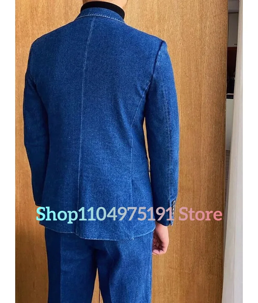 عالية الجودة مزدوجة الصدر الأعمال عادية الراقية الأزرق الدنيم الرجال دعوى قطعتين مجموعة (السترة + السراويل) الرجال المرحلة زي #4