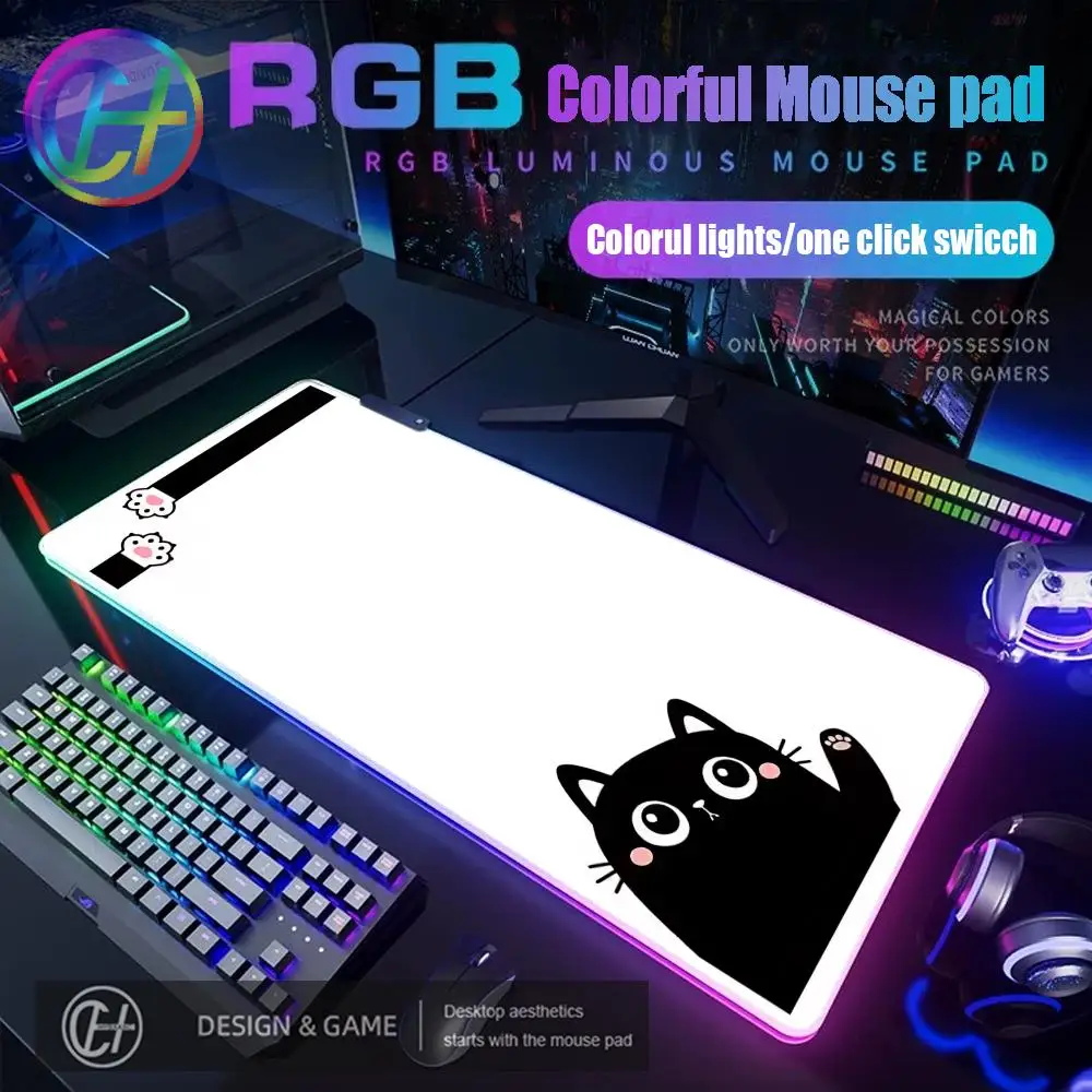 

Игровой коврик для мыши HYBXAXC 1000x500x4 мм RGB, настольный коврик HD для геймеров, большой светодиодный коврик XXL с милым котом