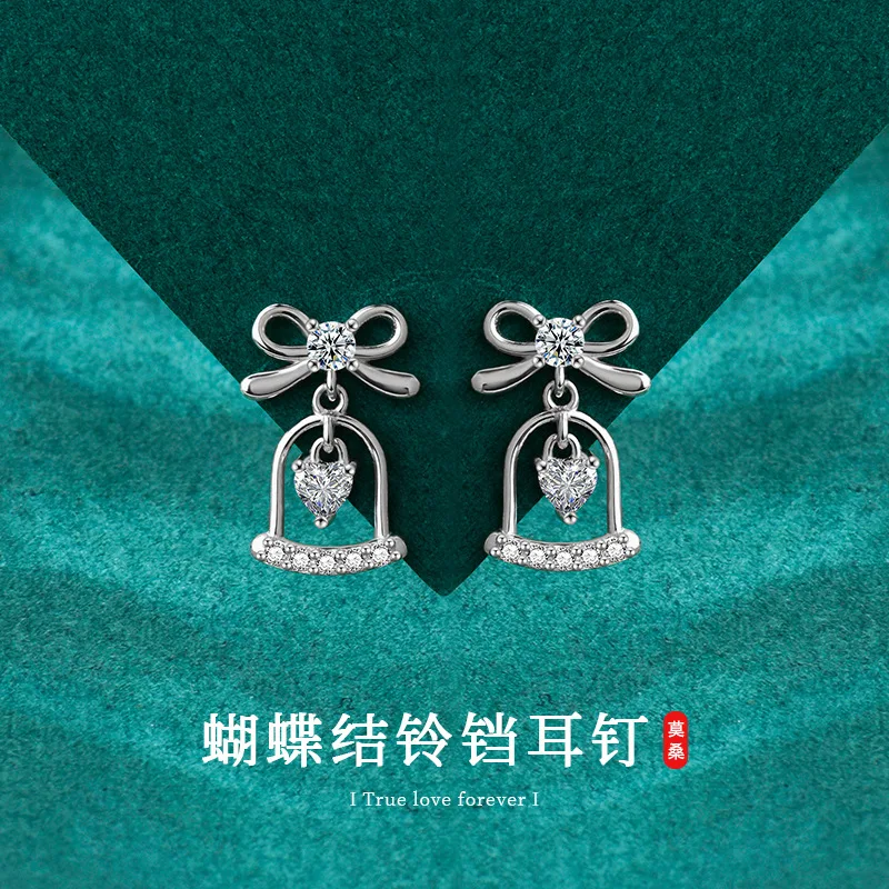 

S925 sterling silver moissanite bow bell earrings for women, versatile design earrings, Christmas accessories