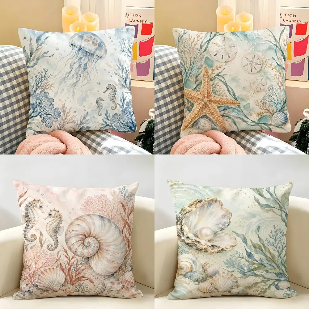 Coastal Shell Reverie Cushion Cover Natural Linen Double Sided Print  Throw Pillow Case for Sofa Couch Home Decor