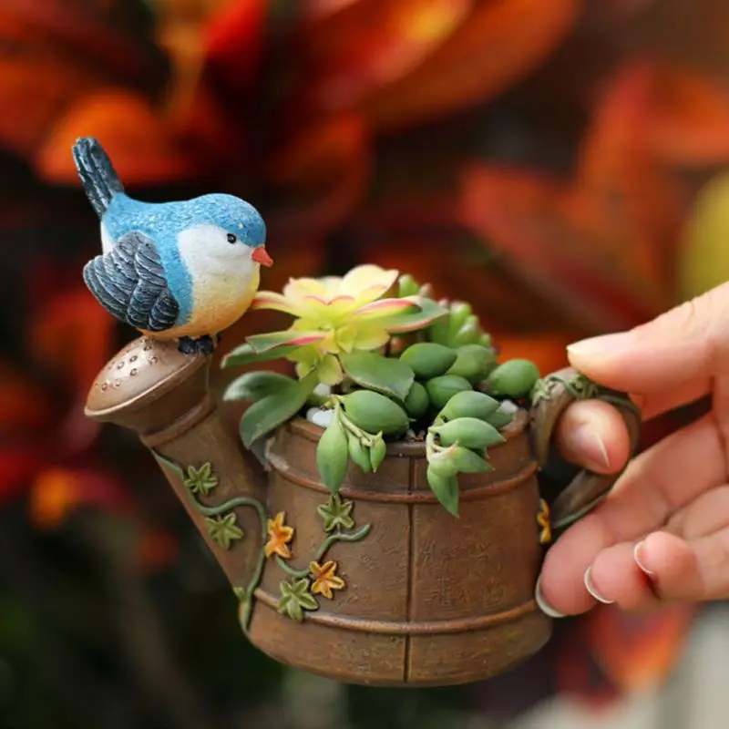 Small Succulent Pot Watering Can and Bird Design Resin Planters for Cactus Indoor Plant Succulent Gift for Women Men Plant Lover