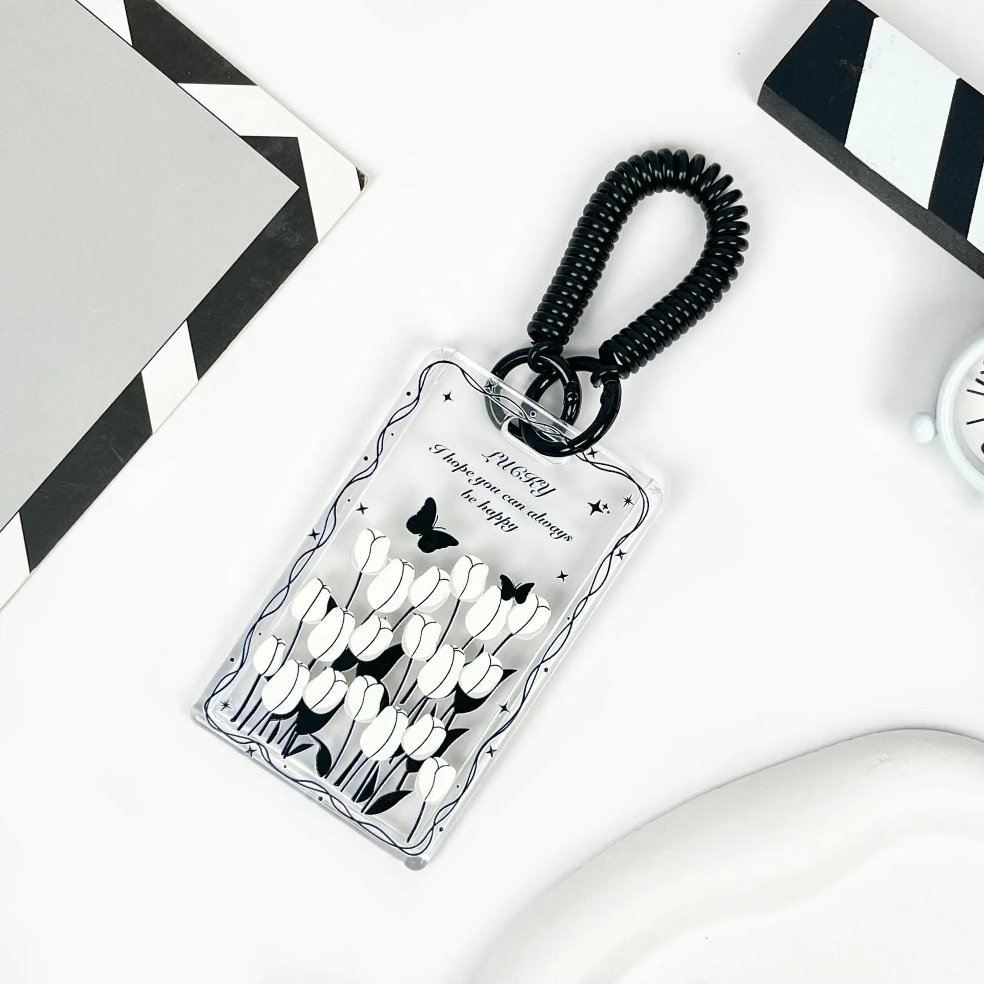 Black Flower Butterfly Transparent 3 Inch Kpop Photocard Holder Photo Card Holder Protective Cover Bag Pendant School Stationery